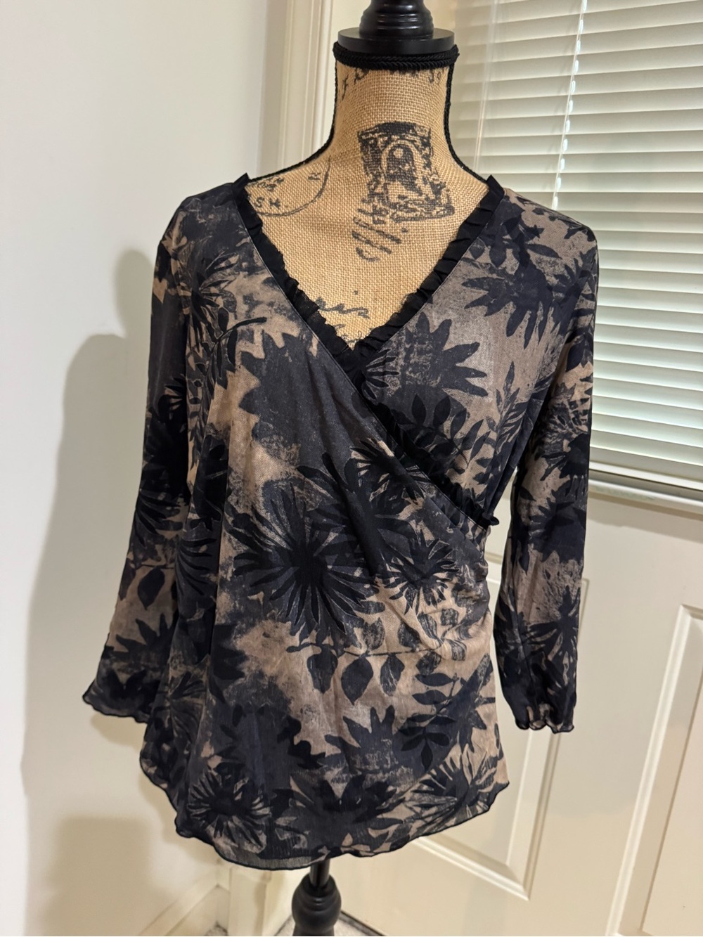 Sigrid Olsen Black and Taupe Floral Wrap-Style Blouse